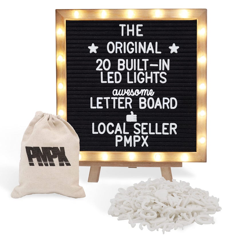 PMPX Letter Board The Original Black Felt Board with Stand, Built-in LED Lights 10 x 10 -Menu Board + Wood Frame, 340 Letters, Emojis + Cursive Words - Custom Sign Messages Pregnancy Announcement, Weddings - Image 1